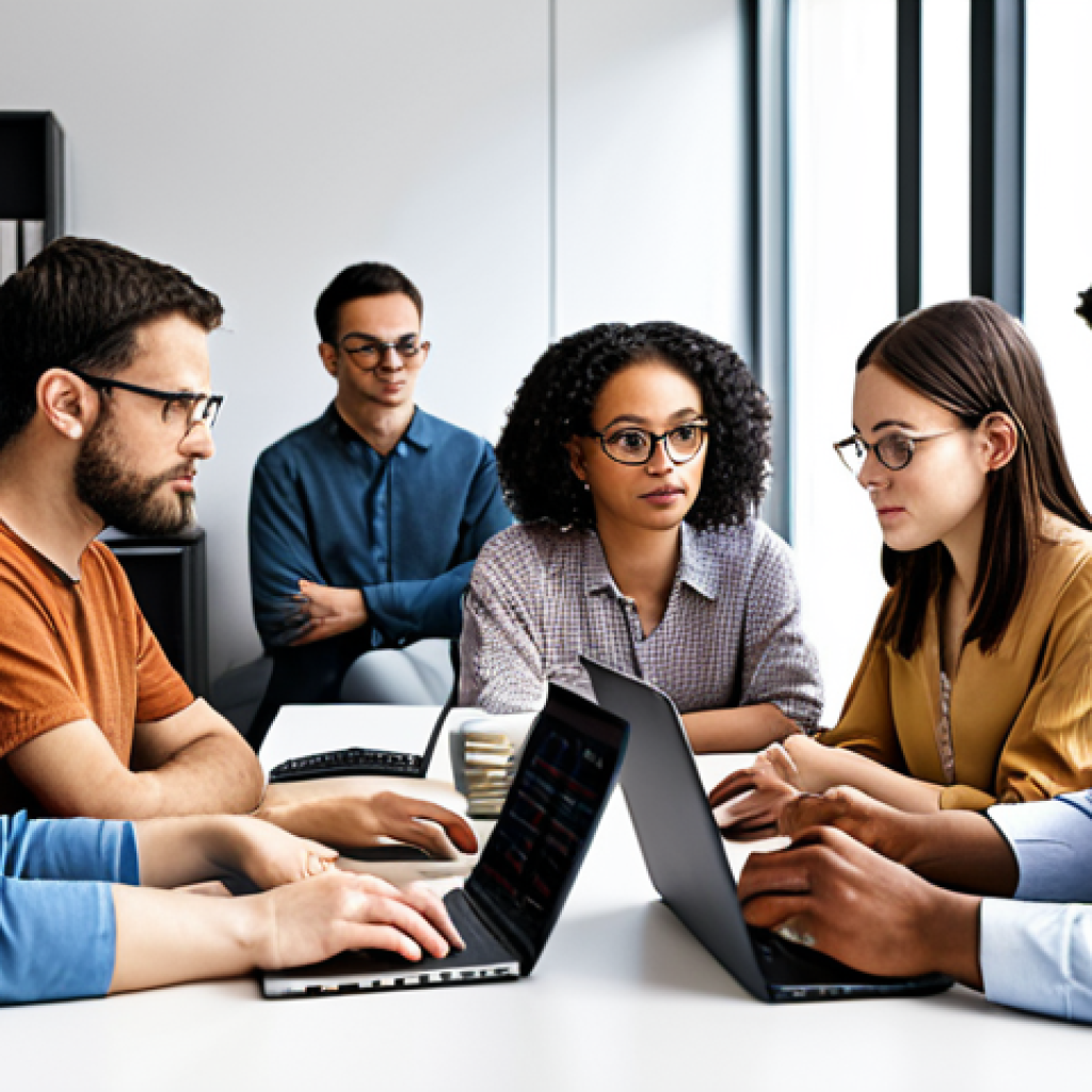 **Prompt:** Diverse group of people working together, ethically developing AI. Focus on fairness and equality in data collection and algorithm design. Include data scientists, ethicists, and community representatives. Modern office setting, collaborative environment.