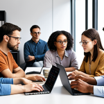 **Prompt:** Diverse group of people working together, ethically developing AI. Focus on fairness and equality in data collection and algorithm design. Include data scientists, ethicists, and community representatives. Modern office setting, collaborative environment.