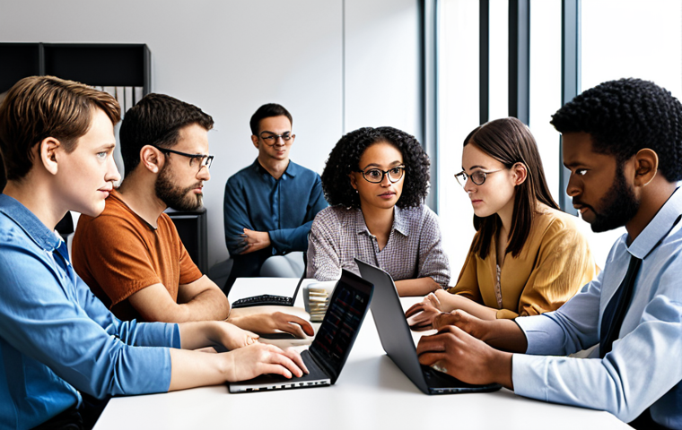 **Prompt:** Diverse group of people working together, ethically developing AI. Focus on fairness and equality in data collection and algorithm design. Include data scientists, ethicists, and community representatives. Modern office setting, collaborative environment.
