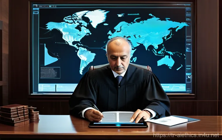 AI 윤리와 AI 법률 자문 - **Prompt:** A tranquil, stylized digital landscape with soft, ambient lighting in shades of cool blu...