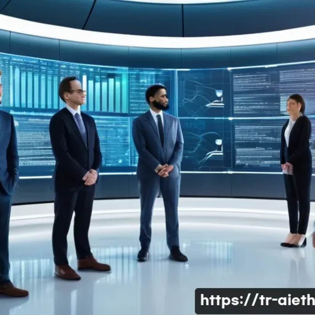 AI 윤리와 AI 윤리적 의사결정 - A diverse group of professionals, impeccably dressed in modern business attire, stands within a lumi...