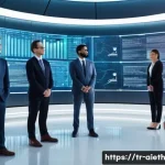 AI 윤리와 AI 윤리적 의사결정 - A diverse group of professionals, impeccably dressed in modern business attire, stands within a lumi...