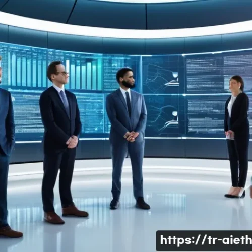 Home 21 AI 윤리와 AI 윤리적 의사결정 - A diverse group of professionals, impeccably dressed in modern business attire, stands within a lumi...