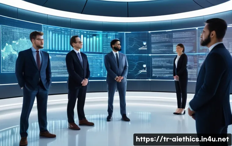 AI 윤리와 AI 윤리적 의사결정 - A diverse group of professionals, impeccably dressed in modern business attire, stands within a lumi...